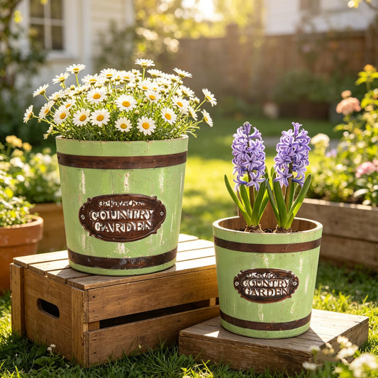 Zorvynelle Rustic Wooden Bucket Planters Set of 2, Farmhouse Country Garden Flower Pots with Handle, Vintage Distressed Green Barrel Plant Pots for Indoor Outdoor Garden Patio Home Decor (Green)