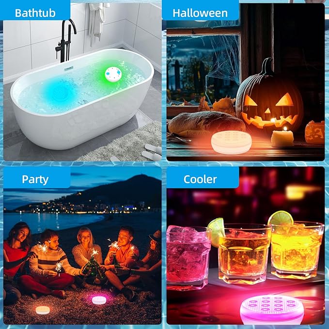 10 Pack Pool Lights, Submersible LED Lights with Remote, IP68 Waterproof 16 Color Rechargeable Floating Lights, Built-in Magnet Underwater Lighting for Inground Above Ground Pool Fountain