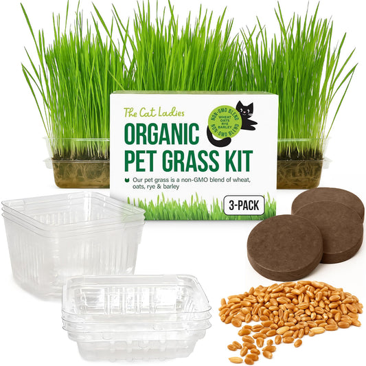 The Cat Ladies Cat Grass for Indoor Cats - Growing Kit - Organic Cat Grass Seeds, Soil and BPA Free Containers (Non GMO) - Locally Sourced Seeds! (3 Pack)