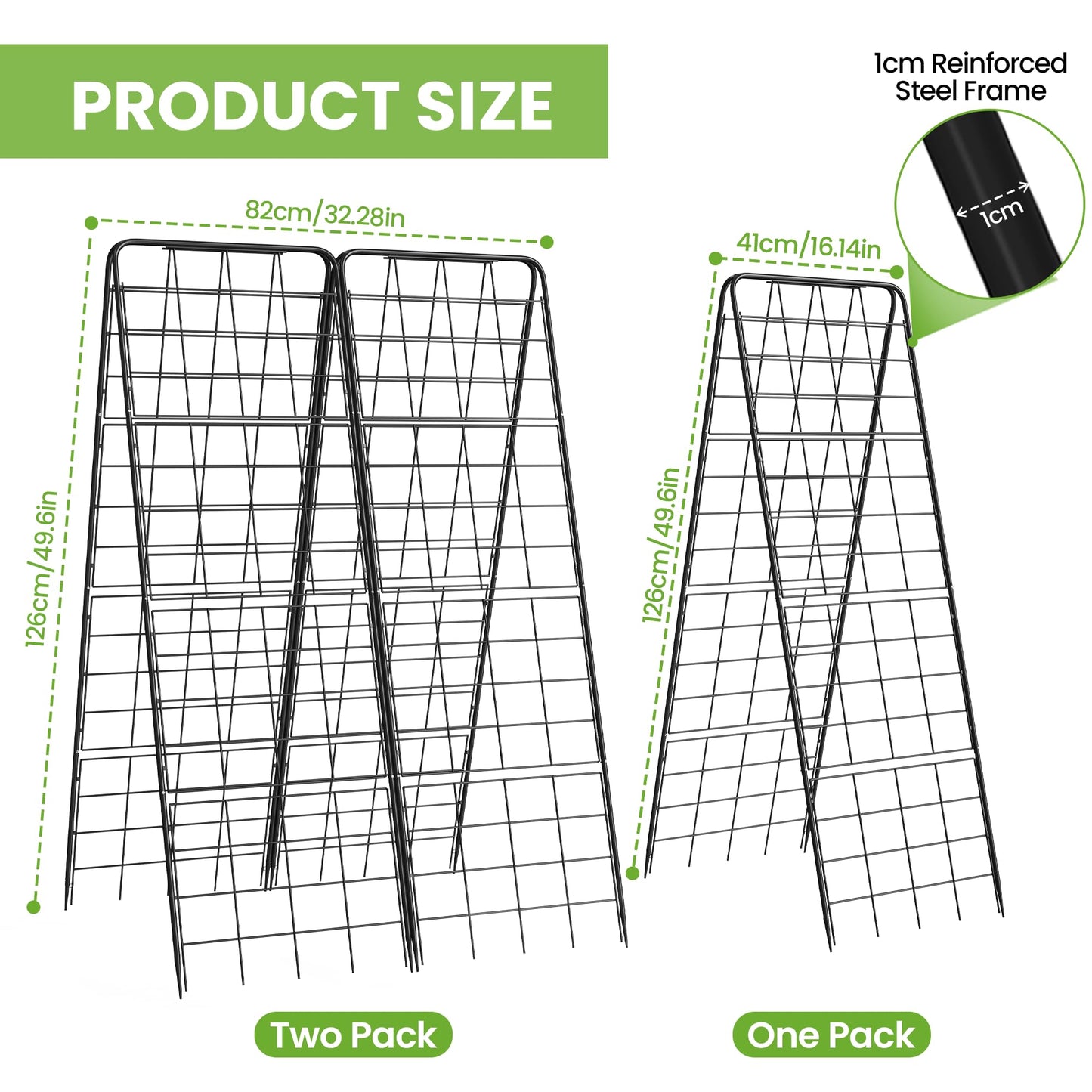Garden Trellis for Cucumbers, 50” x 16“ Adjustable A-Frame Plant Support for Climbing Plants Outdoor, Vegetable, Flowers, 2 Pack Heavy Duty 1cm Metal Vegetable Trellis for Backyard, Raised Bed, Patio