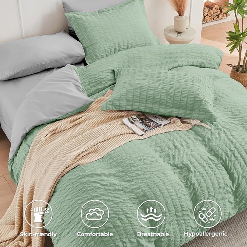 HYMOKEGE Full Size Comforter Set - Luxury 7-Piece Bedding Set in Sage Green & Light Grey for All Seasons