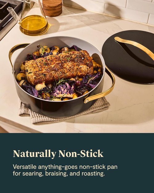 Caraway Rondeau - 6 Qt Non-Stick Cooking Pan with Lid - Chemical-Free Design for Searing & Roasting - Cream