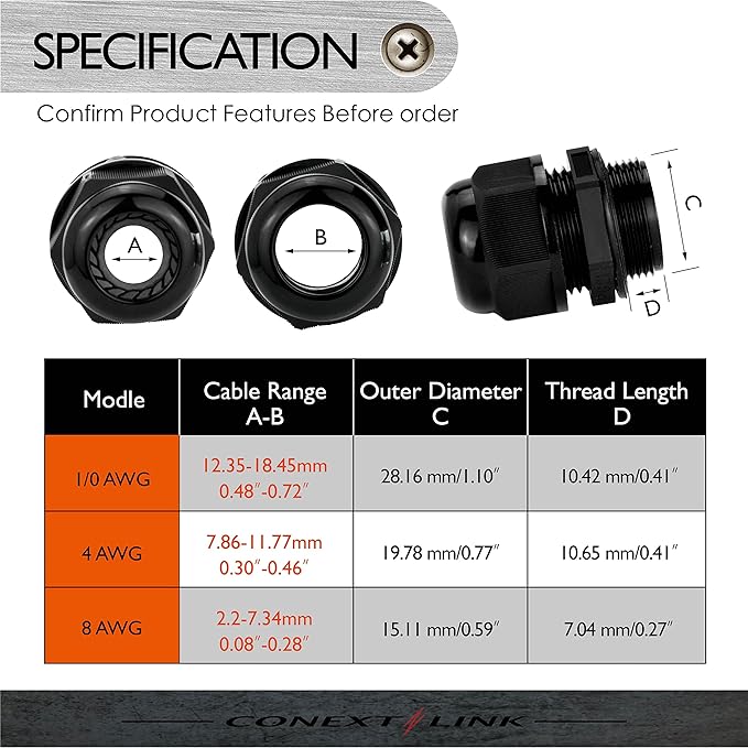 Conextlink 5pcs Waterproof IP68 Nylon Firewall Bushing Grommet Cable Gland Joint Adjustable Locknut Protectors for Power Cable (4 Gauge, Black)