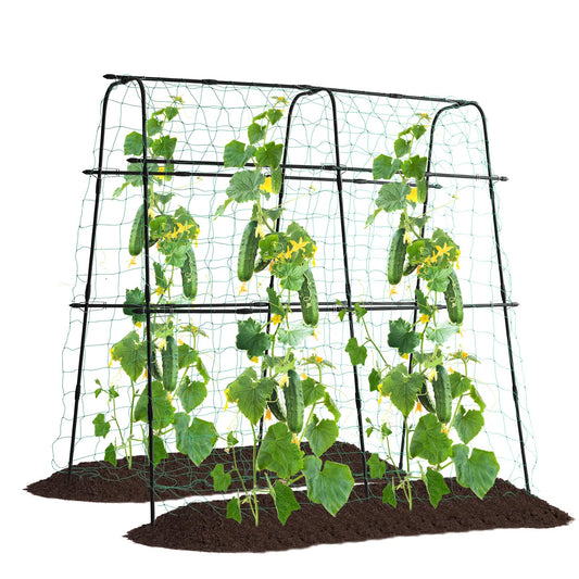 FOLLOOK Cucumber Trellis for Raised Bed, 5x5ft Metal Garden Trellis Climbing Plants Outdoor Tomato Plant Support Grape Vegetables Squash Bean Pea Cucumber Trellis, with Netting, Black