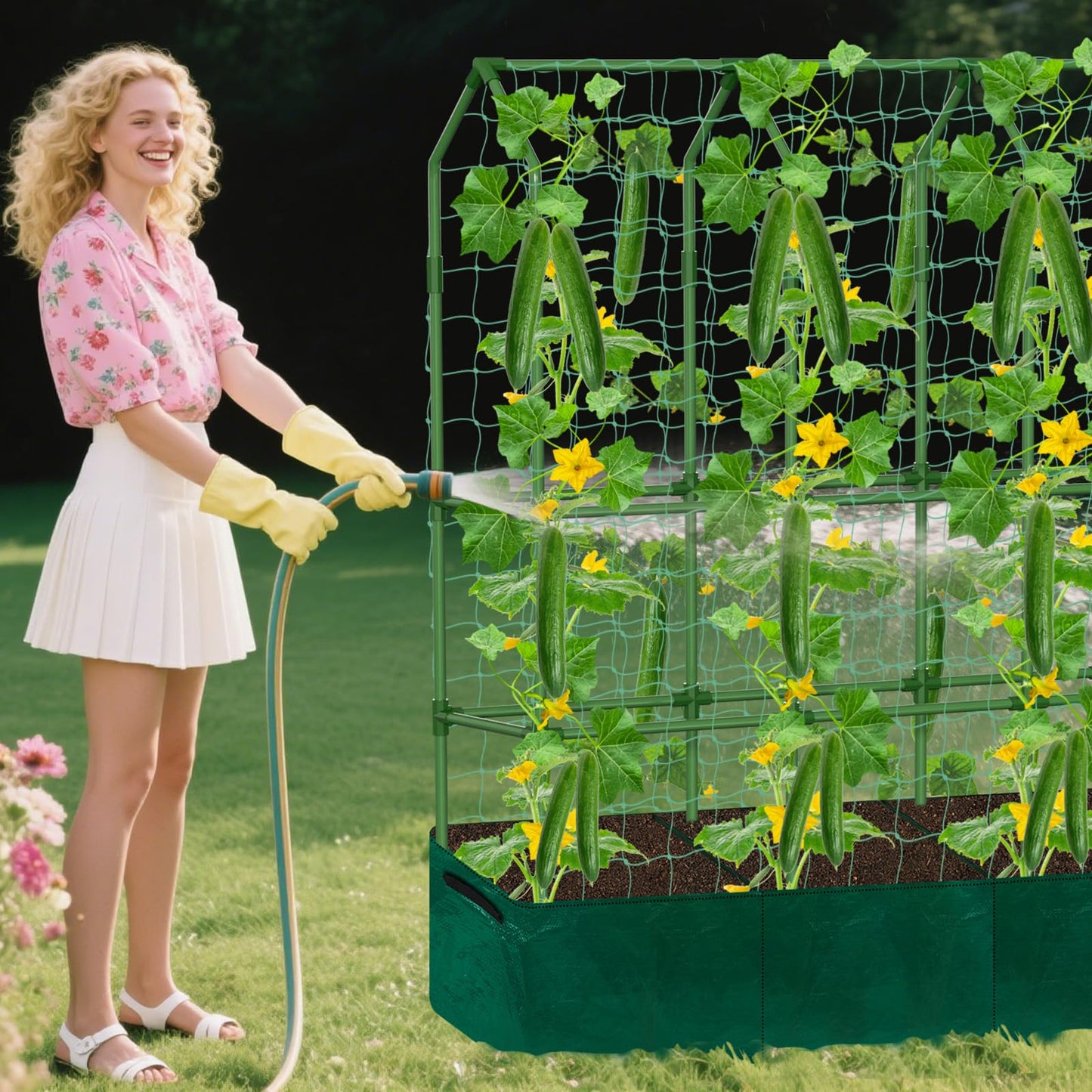 A-Frame Cucumber Trellis - 65 in (H) X 50 in (L) Supports Climbing Plants with Rectangle Raised Bed, Durable Garden Trellis for Outdoor Supporting Cucumbers Peas Vines, Includes Clips & Netting