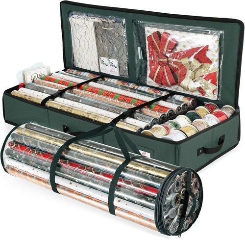 Hearth & Harbor Wrapping Paper Storage Container - Tear-Proof Christmas Bag for 36 Rolls | Green