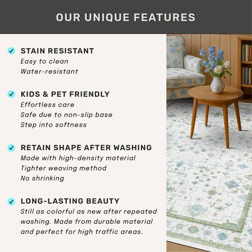 Hazo Haus Oushak 3x12 Wide Hallway Runner Rug - Vintage Turkish Floral, Washable Low Pile Non Slip 12ft Long Runners for Large Kitchen, Hall Way - Light Blue and Green