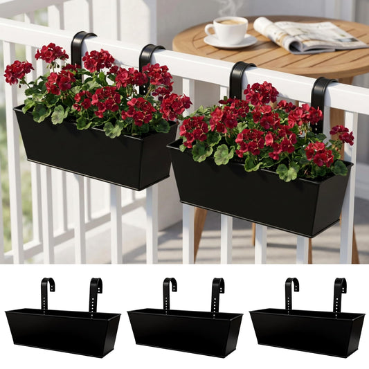 LaLaGreen Rail Planter (16 Inch, 3 Pack) Rectangular Metal Hanging Flower Iron Outdoor Deck Decoration Railing Fence Balcony Gardening for Apartment Patio Planters Modern Garden Style Porch Decor