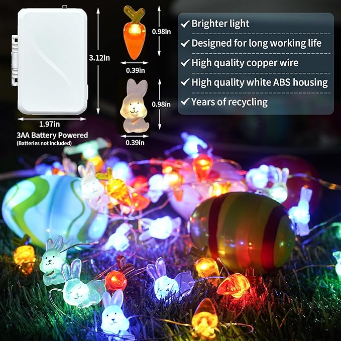 pozzolanas Led Fairy Lights Battery Operated Mini String Lights 1P 16FT Bunny Carrot String Lights 50LED IP65 Spring Rabbit for Easter Basket Eggs Party Seasonal Bedroom Decor