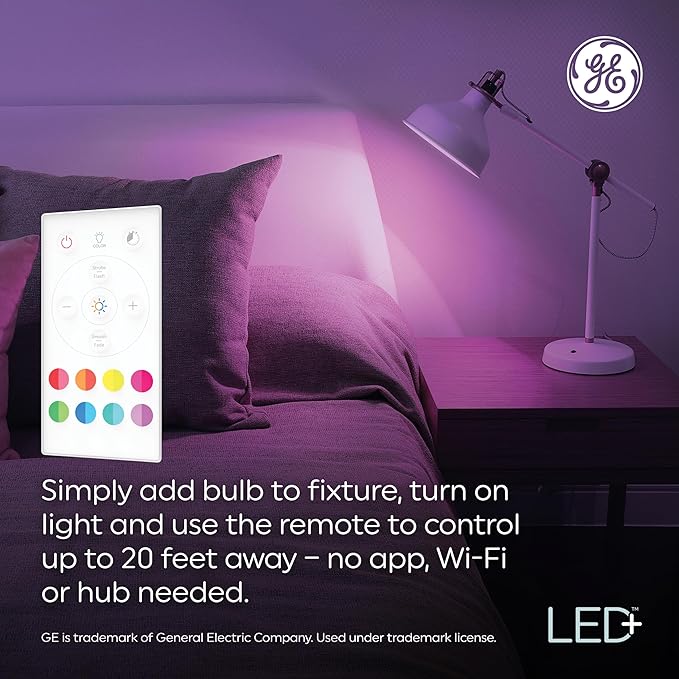 GE LED+ Color Changing LED Light Bulbs with Remote, 9.5W, No App or Wi-Fi Required, A19 (4 Pack)