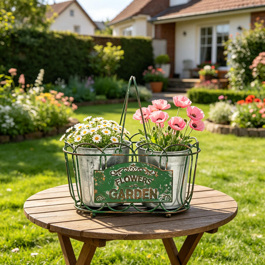 Zorvynelle Vintage Green Iron Planter Basket with 2 Metal Flower Pots - Rustic Farmhouse Plant Holder for Indoor Outdoor Balcony, Window Sill, Tabletop Decor (Green#3)