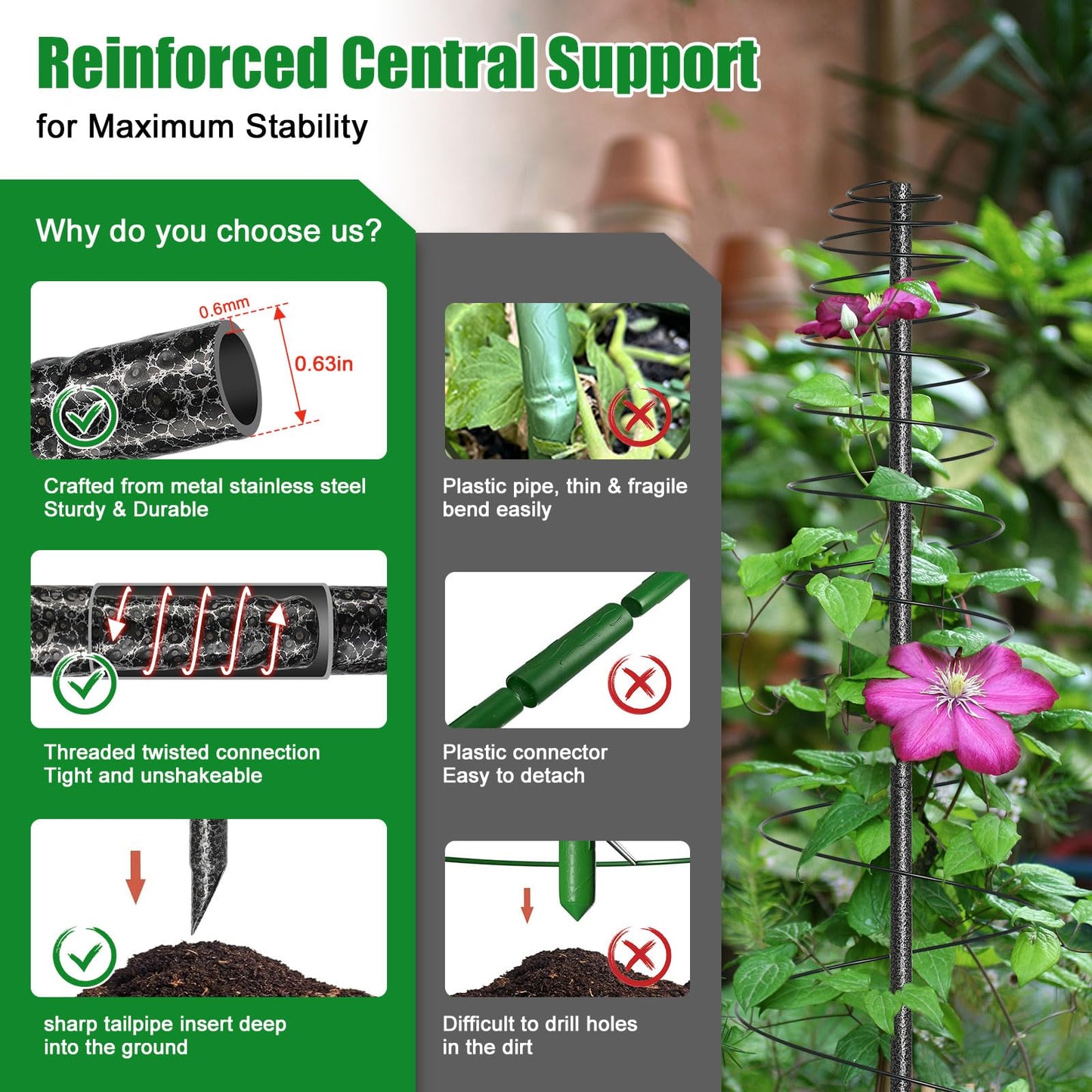 Spiral Frame Garden Trellis for Climbing Plants Outdoor - 12-72" Adjustable Heavy Duty Metal Support for Pole Beans,Snap Peas,Tomatoes,Cucumbers,Anti-Tip Plant Tower for Raised Beds, Backyard
