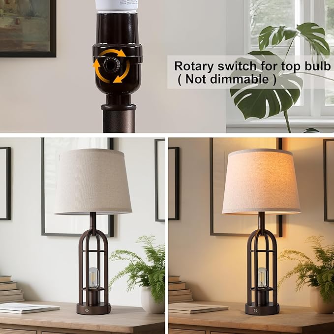 24" Table Lamps for Living Room Set of 2, Rustic Farmhouse 3-Way Dimmable Touch Industrial Bedside Lamps with USB A+C for Bedroom Nightstand，4 Bulbs Included