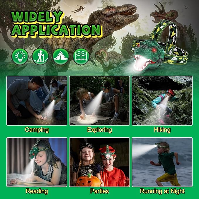 Dinosaur Headlamp for Kids Flashlight Rechargeable Led Dino Head Lamp Roar & Silent Mode, T-Rex Dinosaur Toys for Kids 3 4 5 6 7 8, Camping Gear, Easter Gifts for Boys Girls Adults