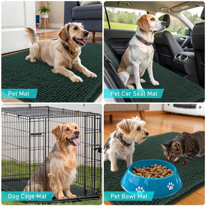 OLANLY Dog Door Mat for Muddy Paws 54x32, Absorbs Moisture and Dirt, Absorbent Non-Slip Washable Doormat, Quick Dry Chenille Mud Mat, Entry Indoor Entryway Carpet for Inside Floor, Blackish Green