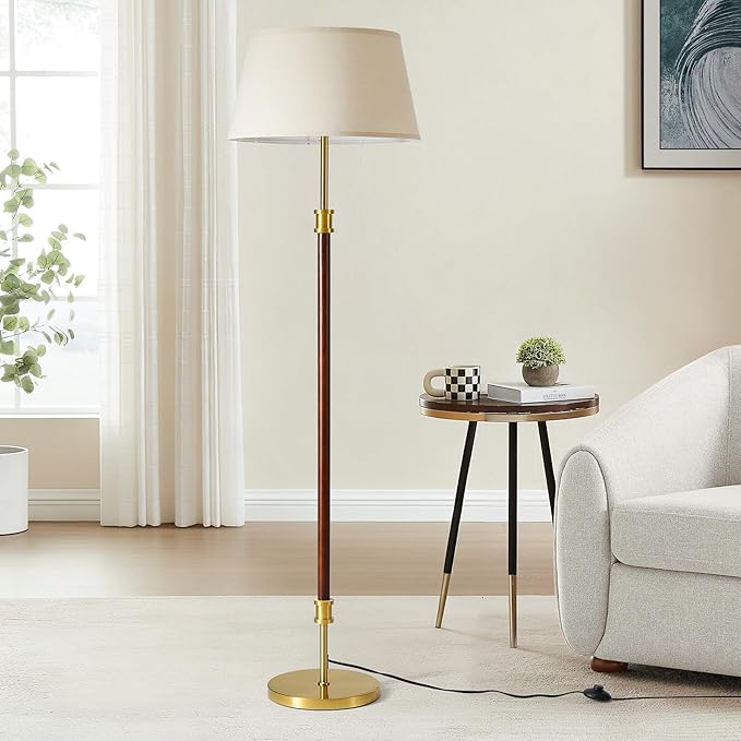 Modern Mid Century Wood Floor Lamp with Soft Linen Shade, 63” Tall Solid Wood & Brass Standing Lamp, Weighted Base, Warm Ambient Light for Living Room, Bedroom & Reading Corners (Solid Wood & Gold)