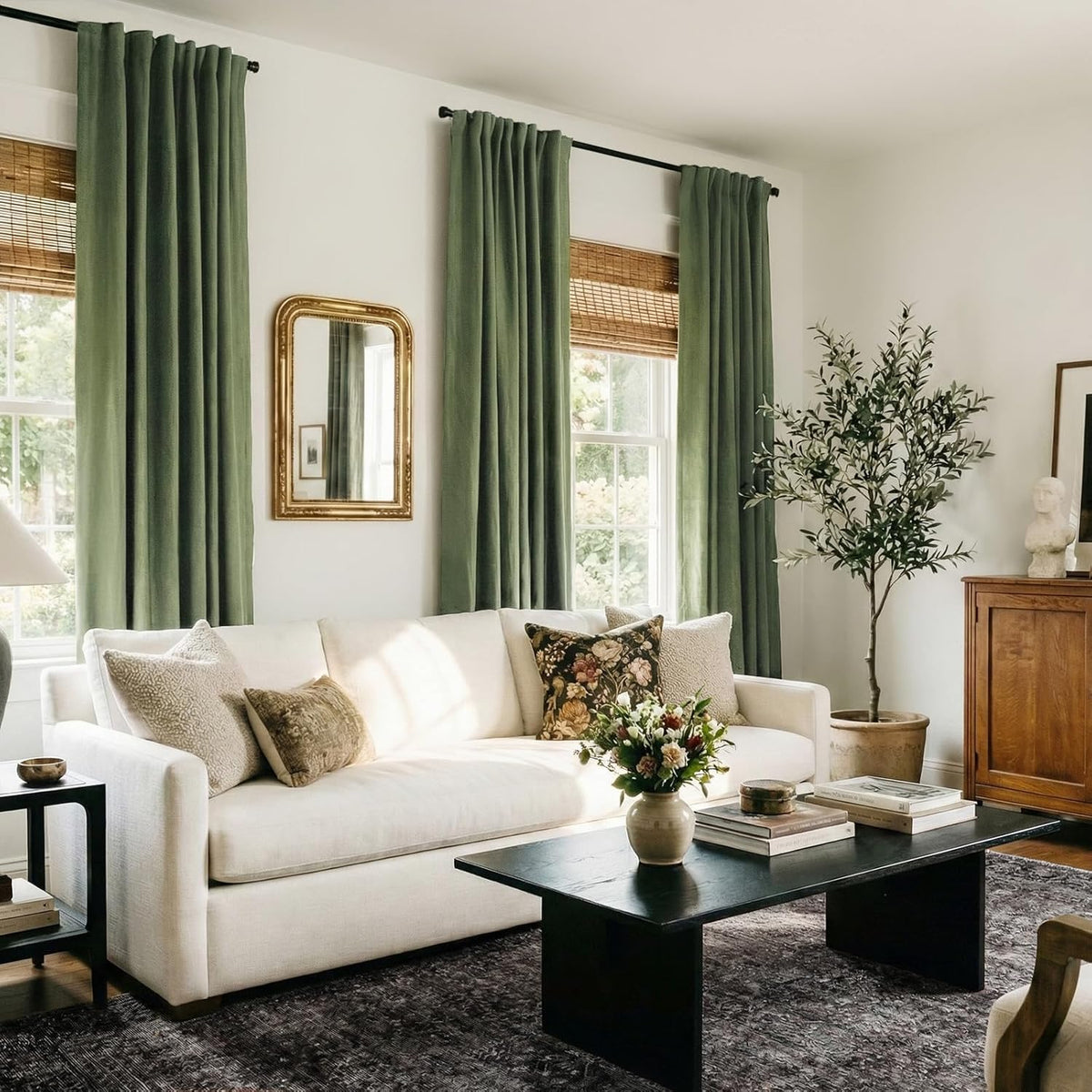 Skiennix 100% Blackout Linen Curtains - Thermal Insulated Drapes, Olive Green, 50" W x 102" L (2 Panels)