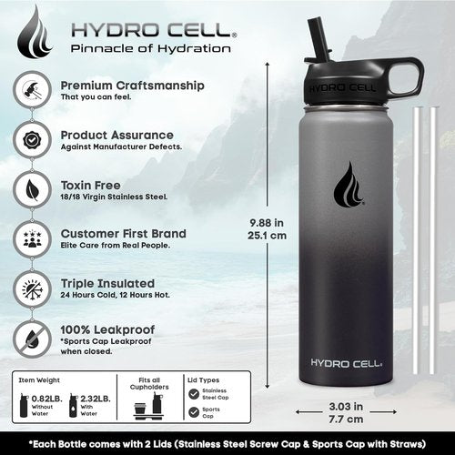 HYDRO CELL Stainless Steel Insulated Water Bottle - Versatile for Hot & Cold Drinks | 24oz Graphite/Black
