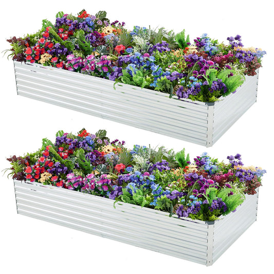 Meberam 2 Pack 6x3x1FT Galvanized Raised Garden Bed Kit, Outdoor Metal Planter Box for Vegetables, Bottomless Rectangular Gardening Bed with Support Rods, Tool-Free Assembly, Silver