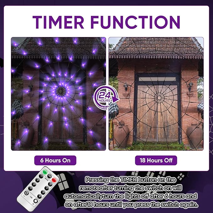 Halloween Decorations Spider Web Lights - 2 Pcs Light Up Spider Web, 4FT Diameter 70 LED with Black Spider, Waterproof, Remote Control, 8 Modes Cobweb Halloween Decorations (Purple+Orange)
