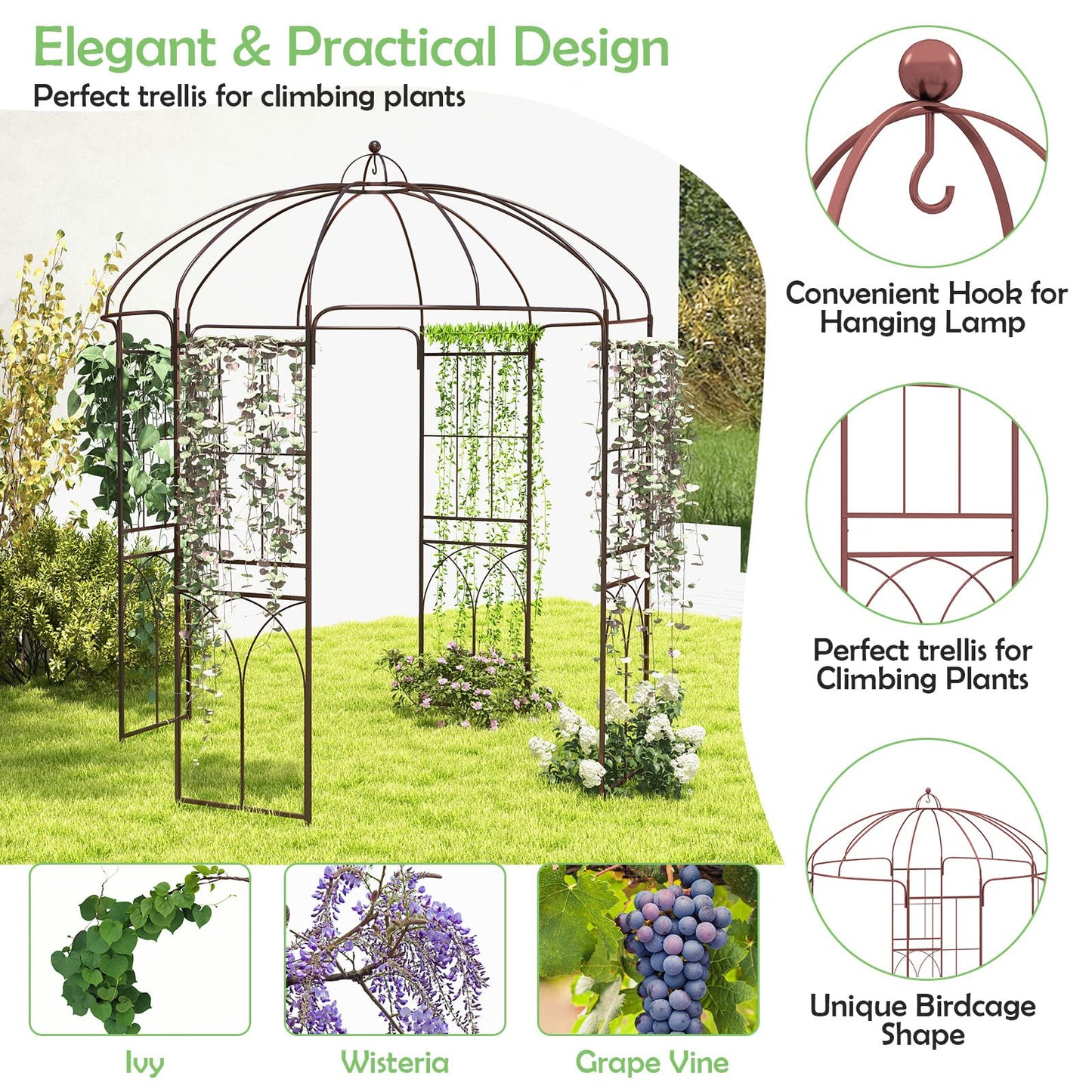 HAPPYGRILL Birdcage Shape Garden Arbor, 7 x 8.4 ft Heavy Duty Metal Garden Gazebo Pergola with Trellis, Garden Arch Trellis for for Climbing Plants Wedding Party Decor Outdoor Arch Pavilion for Lawn