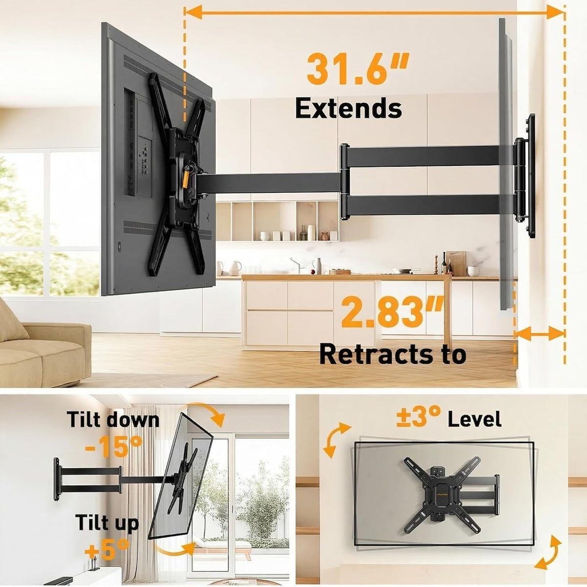 Perlegear Long Arm TV Wall Mount - Full Motion for 26-70 Inch TVs Up to 100 lbs | 31.65” Extension, Swivel & Tilt