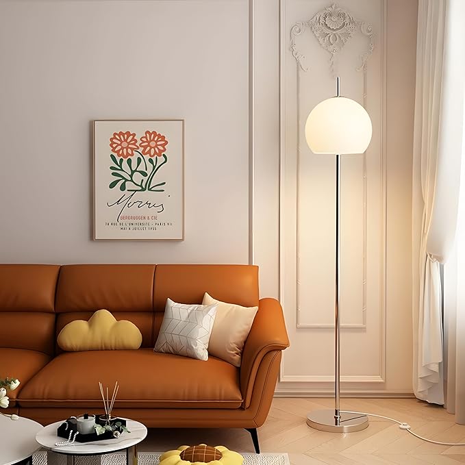 Bofea-White Floor Lamps for Living Room,Modern Milk Glass Standing Lamp with Foot Switch,3 Color Temperature Couch Reading Floor Lamp,Nightstand Light,Chrome Pole Tall Lamp,Mushroom Lights for Bedroom