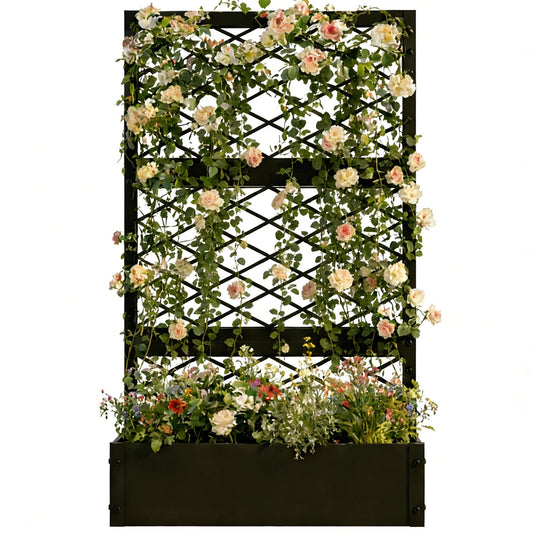 aboxoo 59 inch Metal Planter Planter Box with Privacy Screen Trellis Outdoor Raised Garden Bed Standing Garden Flower Bed with Drainage Holes(Black)