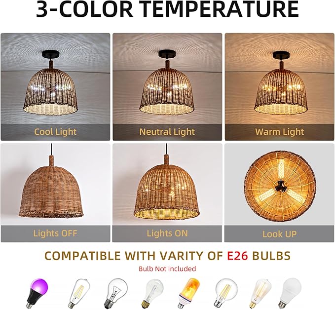 3-Light Dark Curry Rattan Pendant Light,13.77" Rustic Hanging Light,Brown Wicker Pendant Light Hand-Woven Rattan Chandelier for Workplace Dining Living Bedroom Kitchen Farmhouse