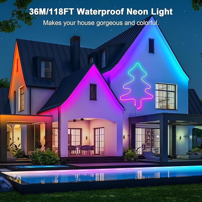 Cozylady 120Ft (60Ft * 2 Rolls) RGB LED Neon Rope Lights for Bedroom, 36m LED Strip Lamp with Double Sided Adhesive Tape, App/Remote Control DIY Lights Decorate The Outdoor and Indoor of Your Home