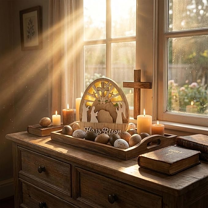 Valery Madelyn Easter Decorations with LED Light, Lighted Empty Tomb Scene and Cross Decoration, Wooden Christian Easter Decor Resurrection Scene for Home Table Shelf, 8.0 inch