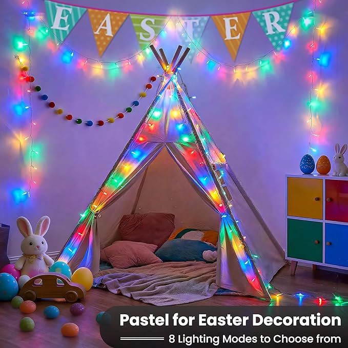 Toodour Easter Lights RGB String Lights, 66ft 200 LED Color Changing String Light with Remote & Timer, Waterproof Pastel Lights for Home Yard New Year Party Indoor Outdoor Easter Decorations