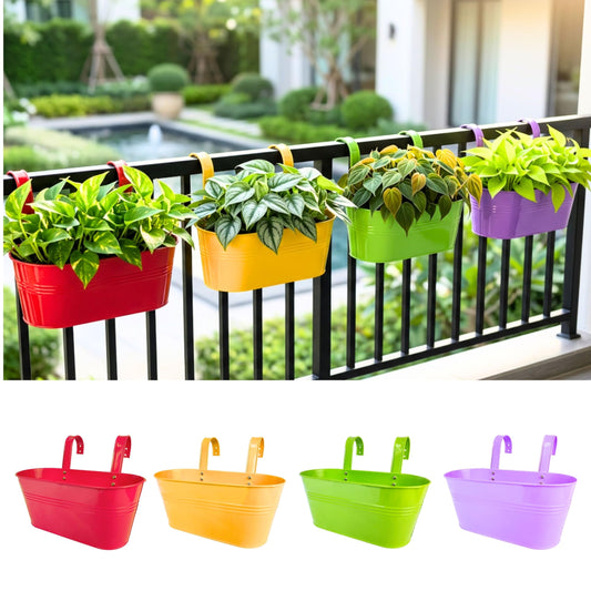 LaLaGreen Rail Planter (11.8 Inch, 4 Pack) Colorful Outdoor Hanging Flower Metal Planters Railing Fence Balcony Gardening for Apartment Patio Modern Garden Style Iron Deck Decoration Porch Decor Pots