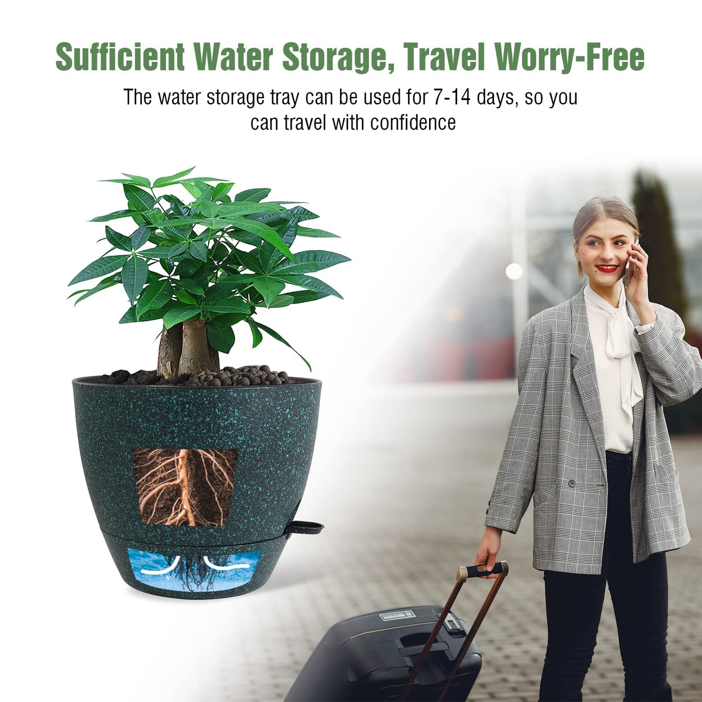 12inch 2Pack Large Self Watering Planters, Plastic Plant Pots with 60oZ Removable Deep Reservoir and Multi Mesh Drainage Holes for Indoor Outdoor Garden Plants and Flowers, Black with Green Speckles