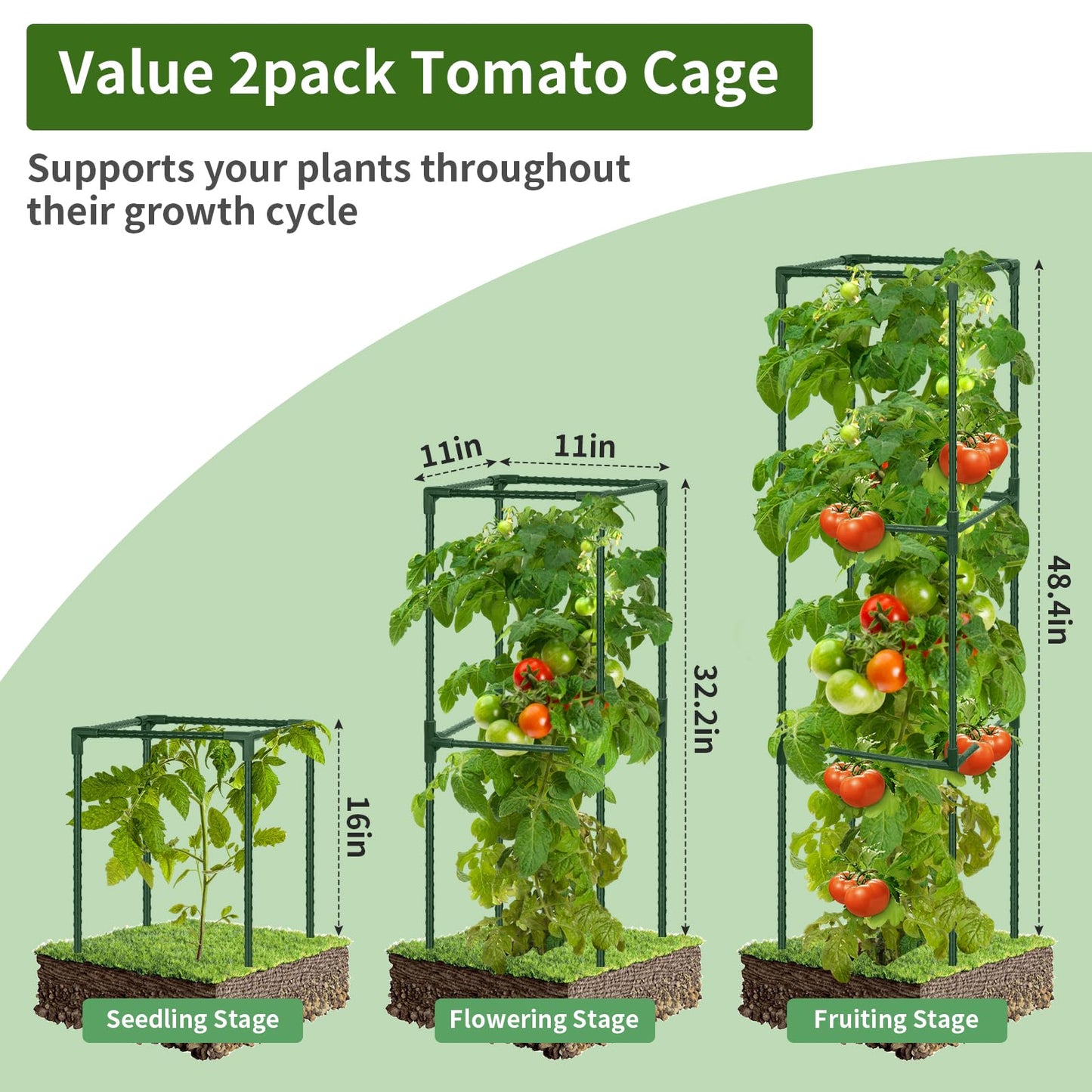 ROADPLUM 2 Pack 48" Tomato Cage for Garden, Heavy Duty Adjustable Plastic Coated Steel Pipe Tomato Stakes Trellis Plant Cages for Vegetable, Fruit, Flower, Rose Vine Climbing Plants