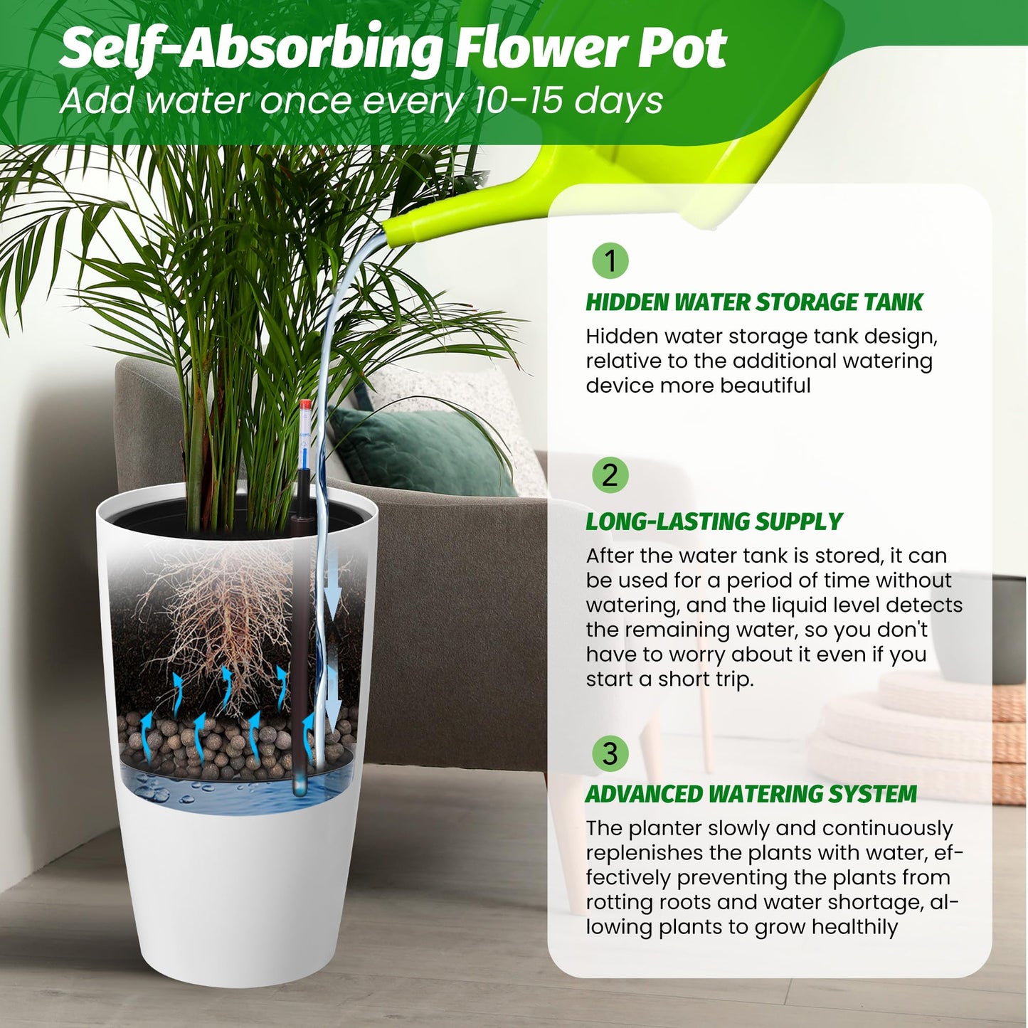 22" Tall Planter Set of 2, Self Watering Pots, Large Planter for Indoor Outdoor Plants, Built-in Drainage and a Water Level Monitor, Tall Planters for Patio, Porch, Living Room, Home Office, White