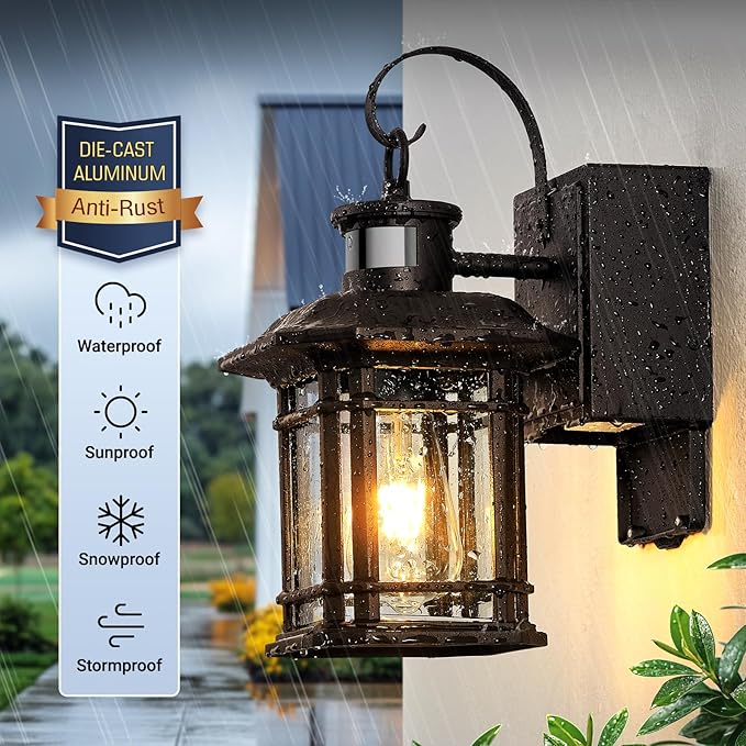 Porch Light with GFCI Outlet, Distance and Time Adjustable Motion Sensor Outdoor Light Fixture with Outlet, Bronze Dusk to Dawn Outside Sconce Lights for House Garden Patio Garage, Waterproof