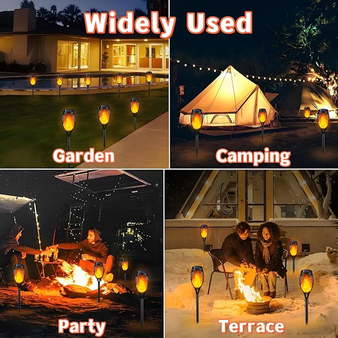 Solar Halloween Lights Outdoor, 6 Pack LED Torch Lights Flickering Flame, Waterproof Tiki Torches for Outside Landscape Decoration Lighting for Lawn, Yard, Halloween Decorations (Warm White-6 Pack)