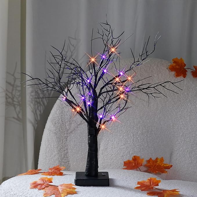 Dazzle Bright 2 Pack 20 Inch Orange & Purple Lighted Halloween Birches Tree Decor, 24 LED Battery Operated Halloween Decorations Artificial Black Spooky Tree with Timer for Indoor Home Party