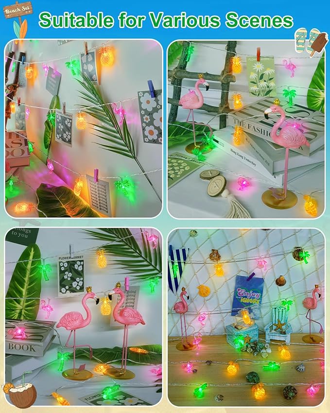 50 LED 25ft Summer Hawaiian Beach String Lights Outdoor with Remote, Flamingo Pineapple Palm Tree Fairy Twinkle Lights Battery Operated with 8 Modes & Timer for Tropical Party Beach Pool Decorations