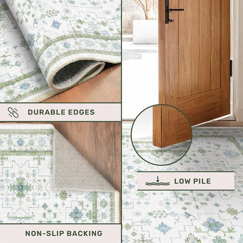 Hazo Haus Oushak Runner Rug - Floral Pastel Boho Design, Washable Low Pile, 2x10 ft - Cream, Blue & Green