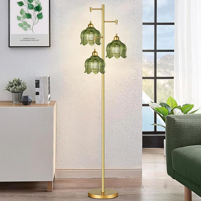 Glass Floor Lamp for Living Room,Bedroom,Gold Mid Century Modern Standing Lamp Brass Tree 3 Light Tall Floor Lamps Vintage Retro Floor Lights Green Flower Lamp Shade Farmhouse Boho Bohemian