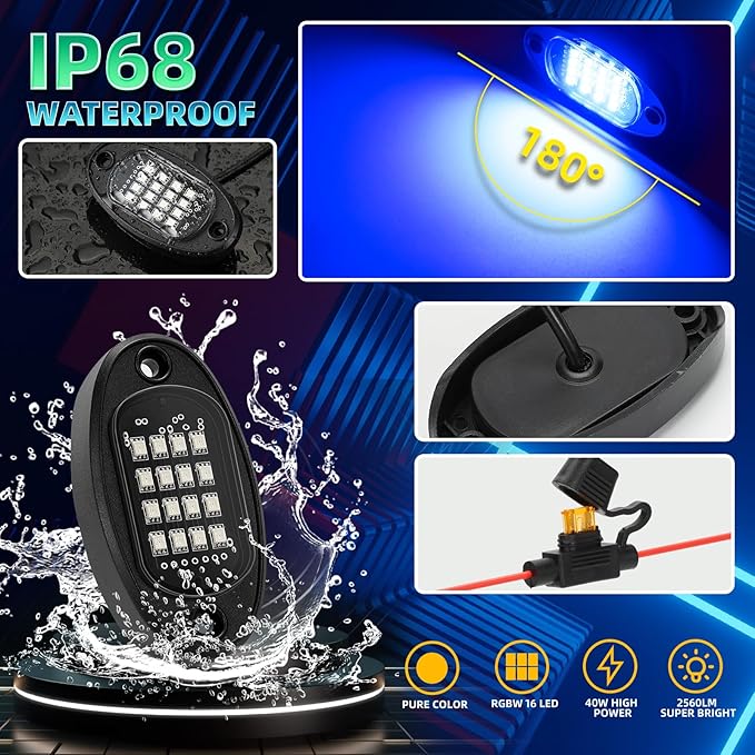 6 Pods Segmented RGB LED Rock Lights for ATV UTV RZR SXS Golf Cart Truck Off-Road Pickup, Waterproof Multicolor Neon Underglow Kit with APP/RF Remote Multi Zone Control Sync Music Red Brake Light 12V
