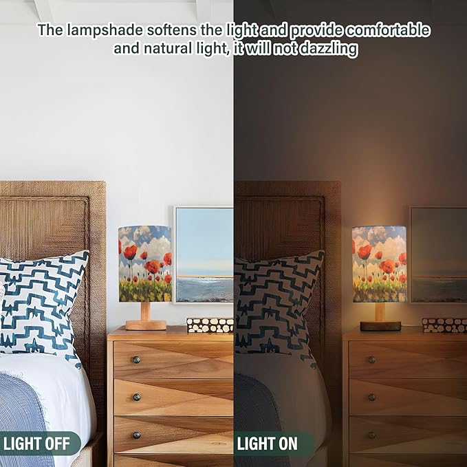 Fustylead Oil Painting Poppy Flowers Bedside Table Lamps with USB Port for Bedroom Lamp Accent Table Lamp Small Nightstand Lamp Sturdy Linen Shade Wooden Decorative Lamps for Office Dorm Home
