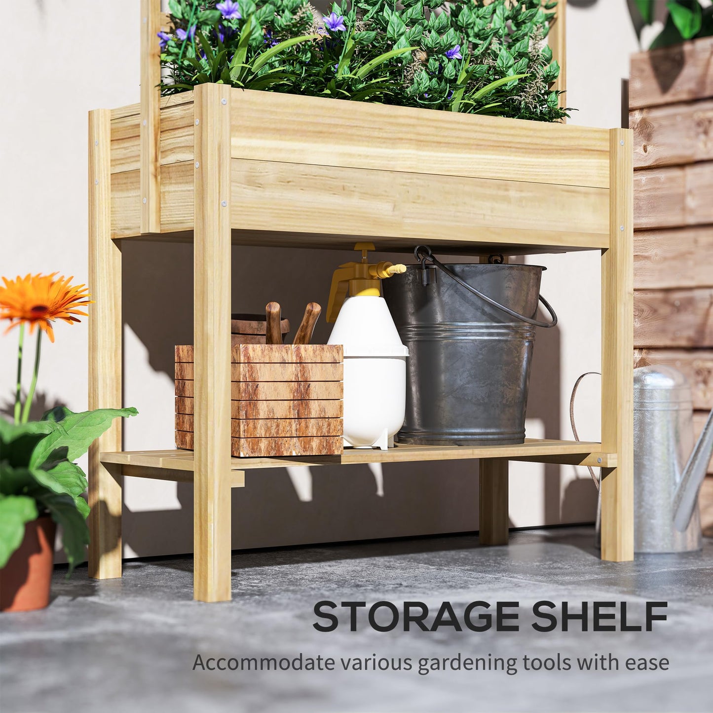 Outsunny Wooden Raised Garden Bed with Trellis, Elevated Planter Box with Storage Shelf, Drainage Holes and Liner, Outdoor Flower Box for Vegetables, Flowers, Herbs
