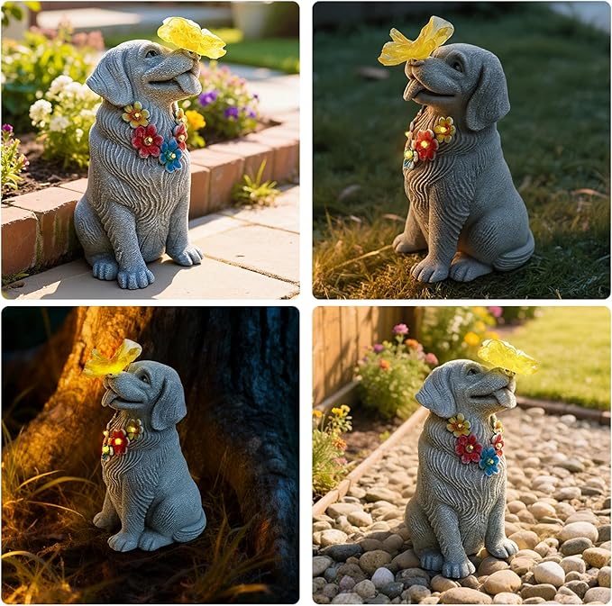 Dog Garden Statue with Solar Butterfly Light - Adorable Labrador Figurine with Flower Garland - Outdoor Decor for Patio & Pet Memorial Gift - Christmas Housewarming Birthday Gifts for Grandma Mom