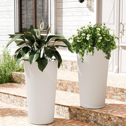 Trygoal 23.6" H Tall Planters for Outdoor Plants, 2 Pack Large Outdoor Planters for Front Porch Decor with Drainage Hole, Plastic Striped Flower Pots Fits Indoor Plants Patio Garden, Black