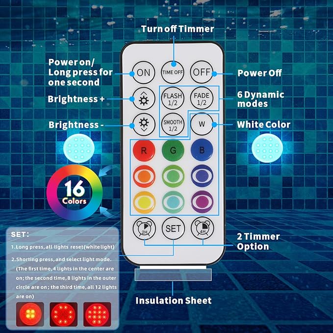 10 Pack Pool Lights, Submersible LED Lights with Remote, IP68 Waterproof 16 Color Rechargeable Floating Lights, Built-in Magnet Underwater Lighting for Inground Above Ground Pool Fountain