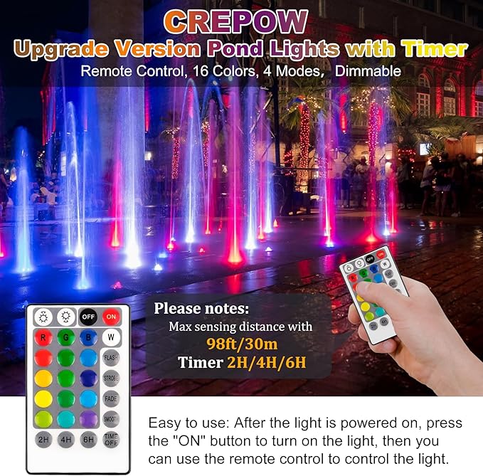 RGBW Pond Lights with Timer, 18 LED Super Bright Underwater Submersible Fountain Lights Color Changing Spotlights, Remote Control IP68 Waterproof for Fish Aquarium Tank Pool Garden(Set of 4)