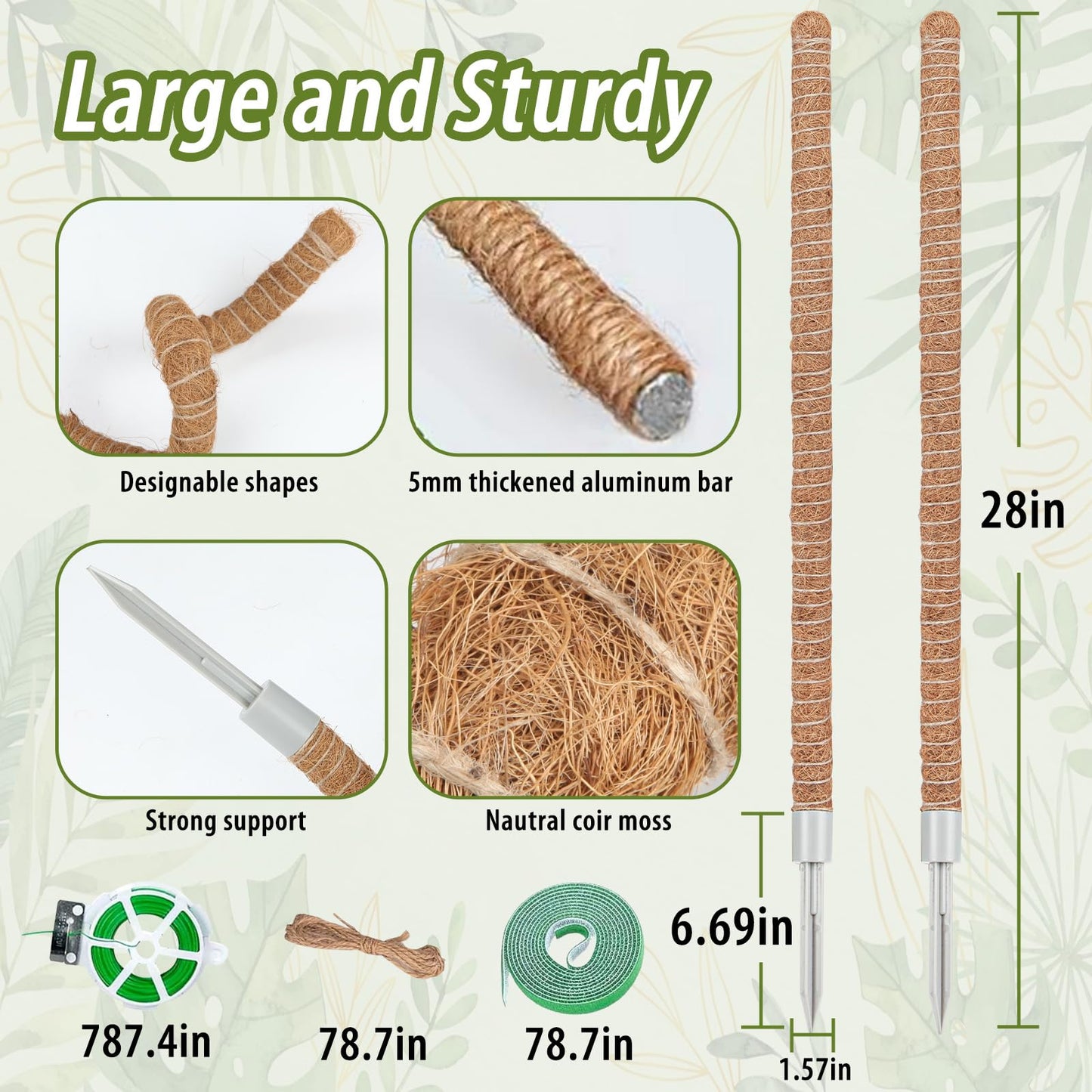2 Pack Moss Pole, 28 Inch Monstera Plant Support, Moss Poles for Climbing Indoor Plants, Bendable Coco Coir Plant Support Stakes for Potted Plants, Pothos, Philodendron
